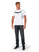 Alpinestars Elliptic CSF Tee, Short Sleeve T-Shirt, White, Black arched Astars logo with orange star symbol, worn by model with black jeans and sneakers, casual motorsport streetwear