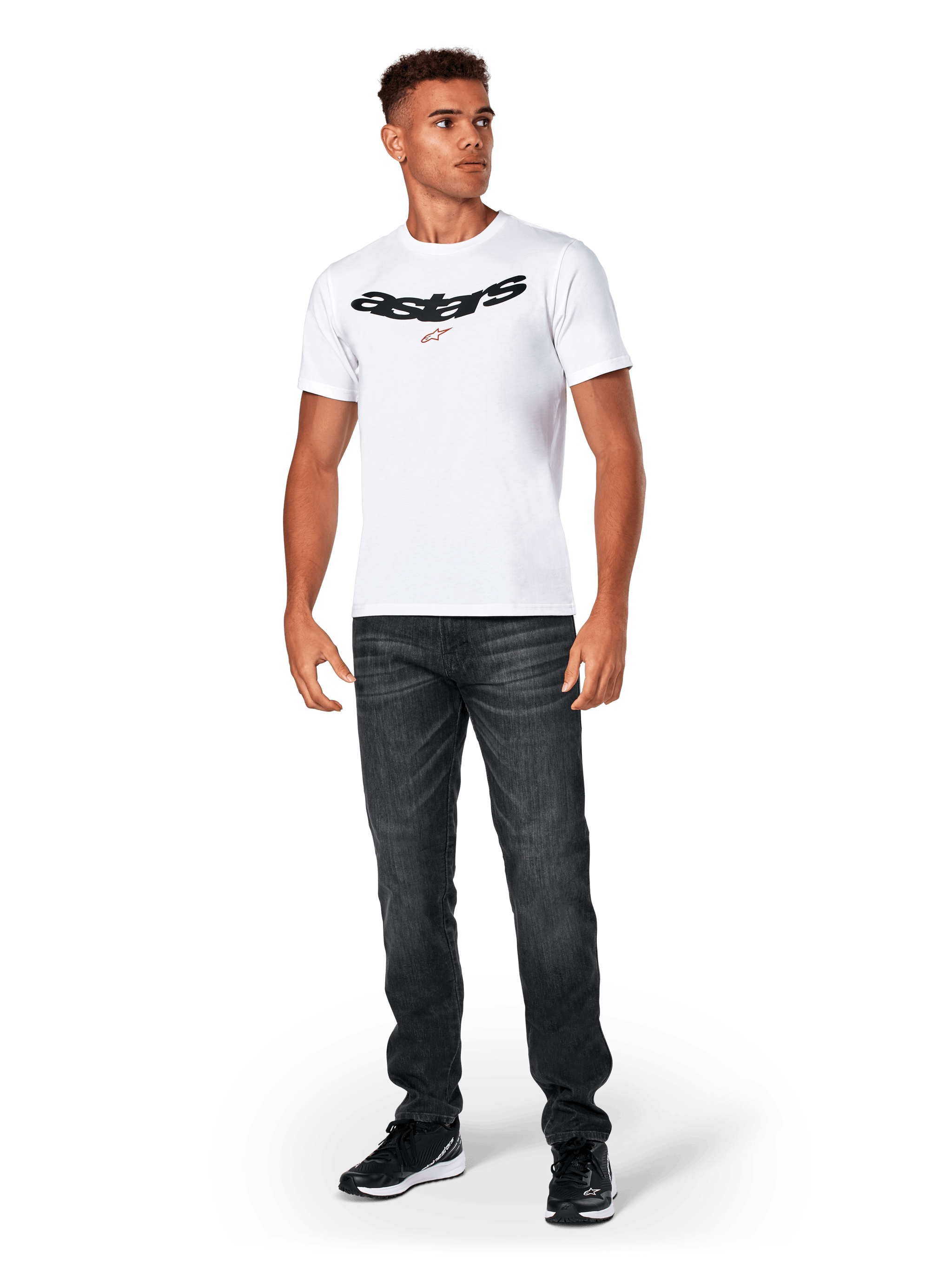 Alpinestars Elliptic CSF Tee, Short Sleeve T-Shirt, White, Black arched Astars logo with orange star symbol, worn by model with black jeans and sneakers, casual motorsport streetwear