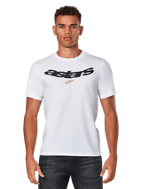 Alpinestars Elliptic CSF Tee, White Short Sleeve T-Shirt worn by model, black arched Astars logo with red star graphic on chest, casual motorsport apparel