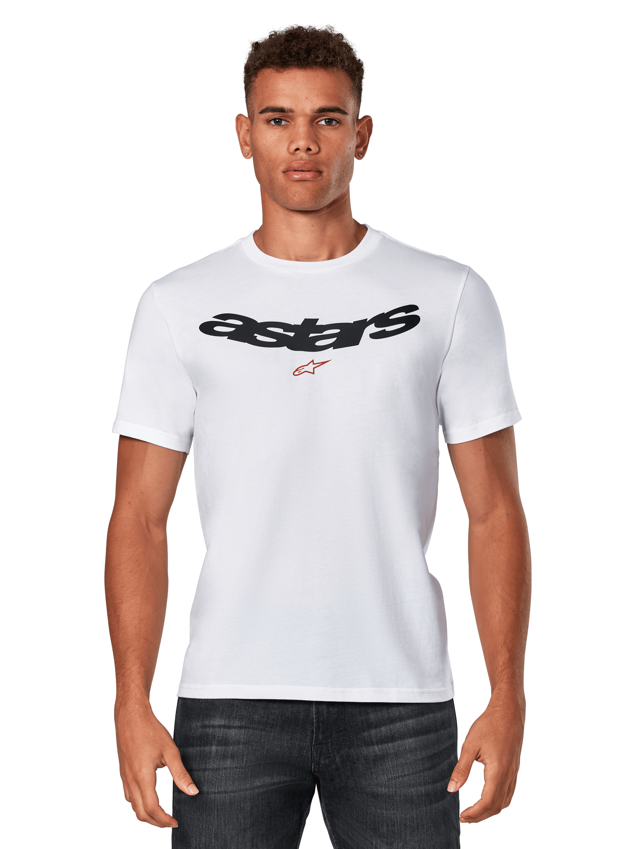 Alpinestars Elliptic CSF Tee, White Short Sleeve T-Shirt worn by model, black arched Astars logo with red star graphic on chest, casual motorsport apparel
