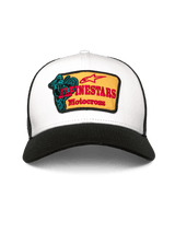 Alpinestars Hardware Trucker Hat, Trucker Cap, White and Black, featuring a yellow embroidered patch with red Alpinestars Motocross text and a teal graphic, curved bill and breathable mesh back, casual motorsport-inspired headwear