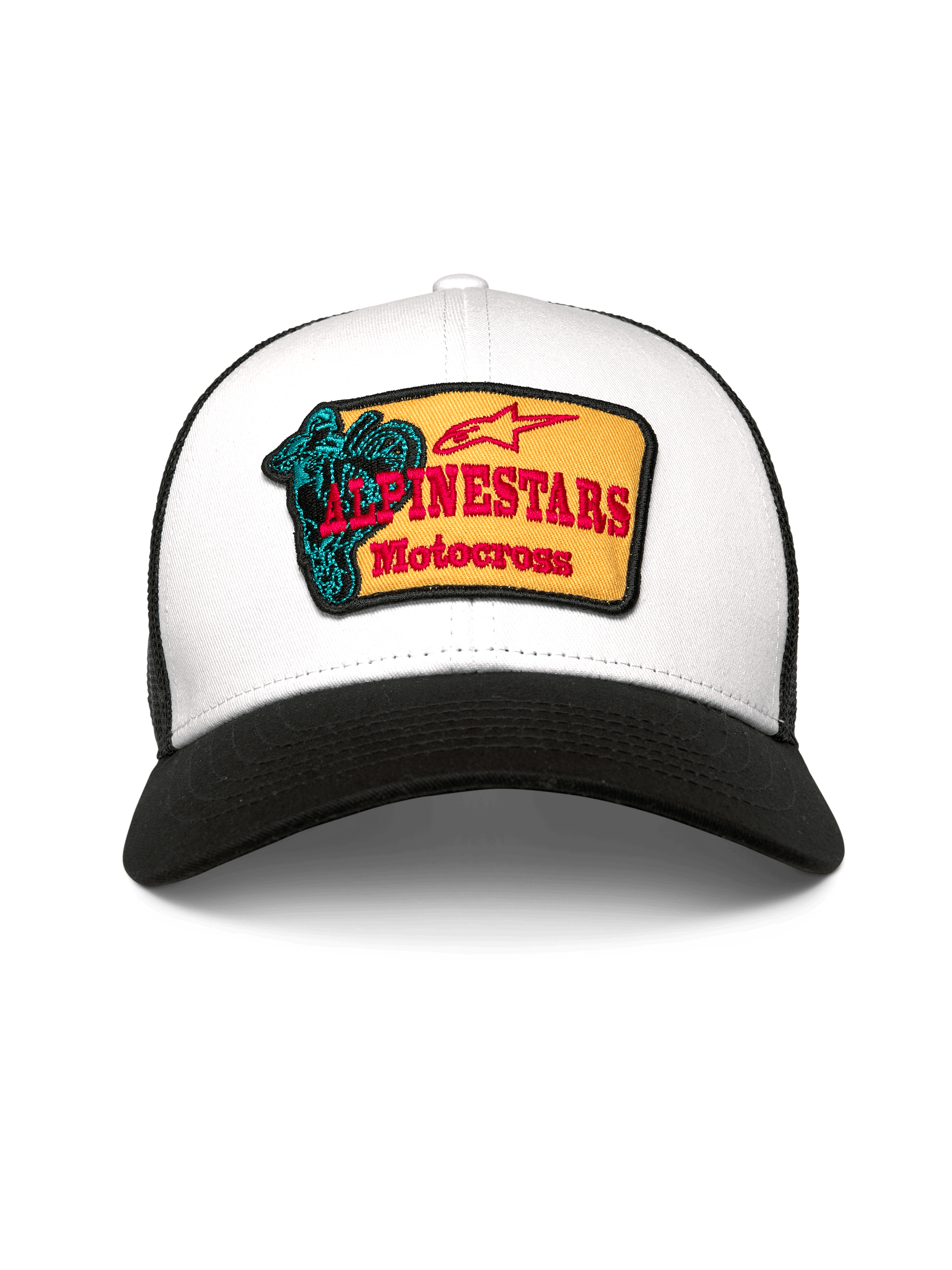 Alpinestars Hardware Trucker Hat, Trucker Cap, White and Black, featuring a yellow embroidered patch with red Alpinestars Motocross text and a teal graphic, curved bill and breathable mesh back, casual motorsport-inspired headwear