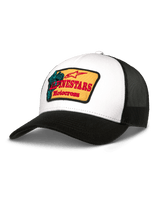 Alpinestars Hardware Trucker Hat, White Twill Front and Black Mesh Back, Yellow Embroidered Patch with Red Branding and Teal Motocross Graphic, Curved Black Bill, Casual Sportswear