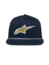 Alpinestars Orion Trucker Hat, Navy Blue and Black, Front 3D Ageless logo with yellow pattern fill and white border, flat bill with white rope trim, structured crown and black mesh back, casual motorsport headwear