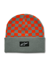 Alpinestars Checkered Cuff Beanie, Orange and Gray, knitted winter beanie with checkered pattern top, solid gray cuff with black logo patch, cold weather headwear