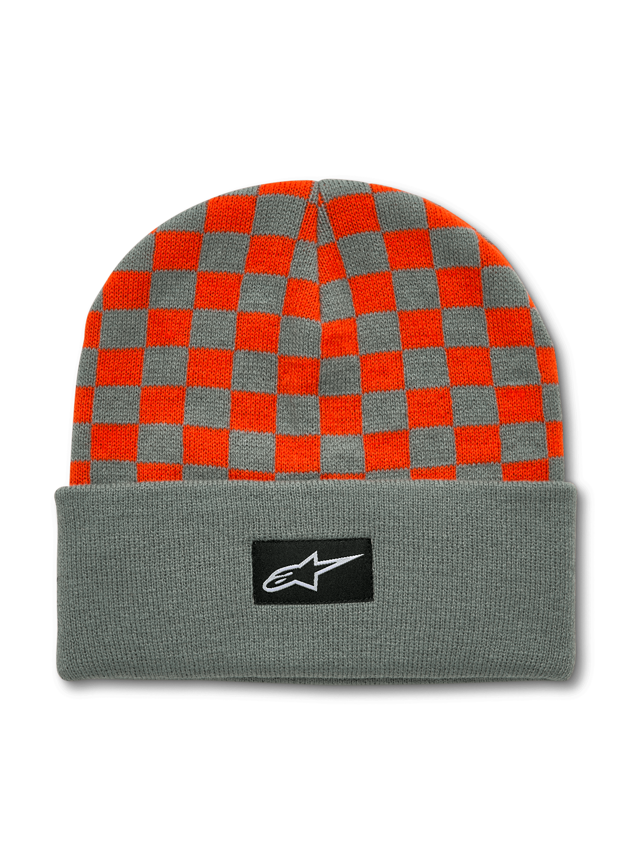 Alpinestars Checkered Cuff Beanie, Orange and Gray, knitted winter beanie with checkered pattern top, solid gray cuff with black logo patch, cold weather headwear