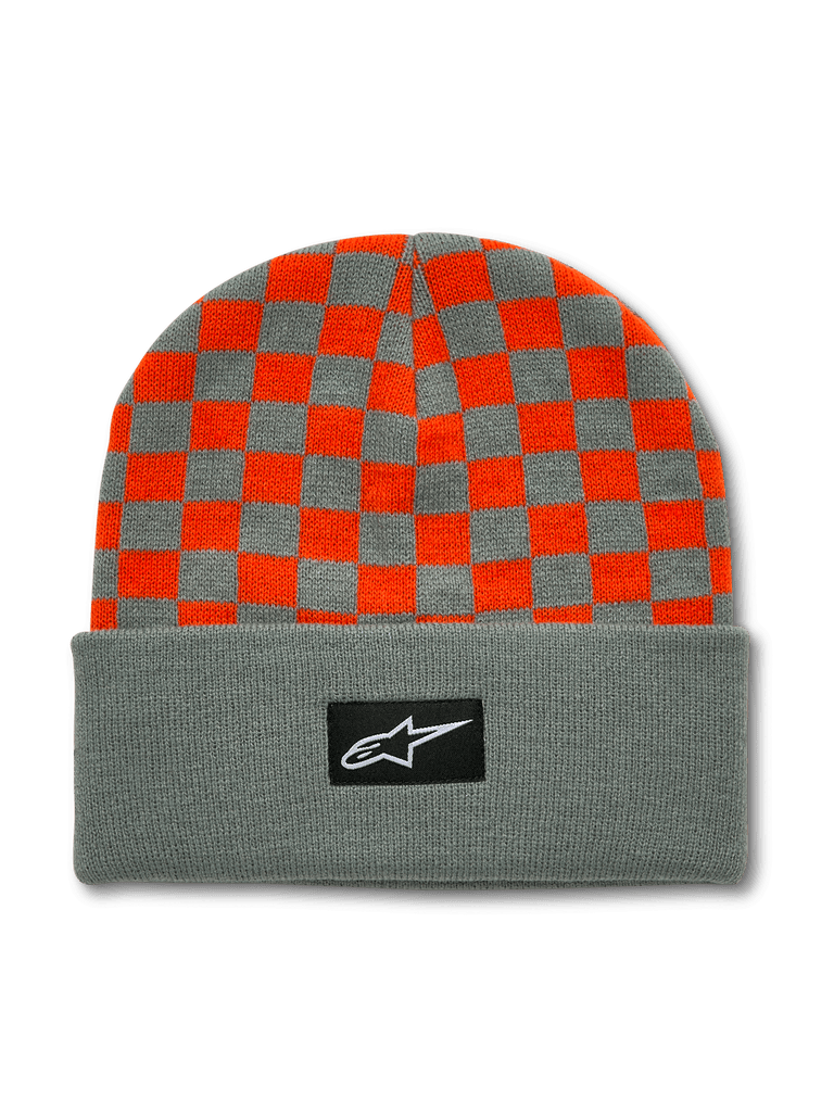 Alpinestars Checkered Cuff Beanie, Orange and Gray, knitted winter beanie with checkered pattern top, solid gray cuff with black logo patch, cold weather headwear