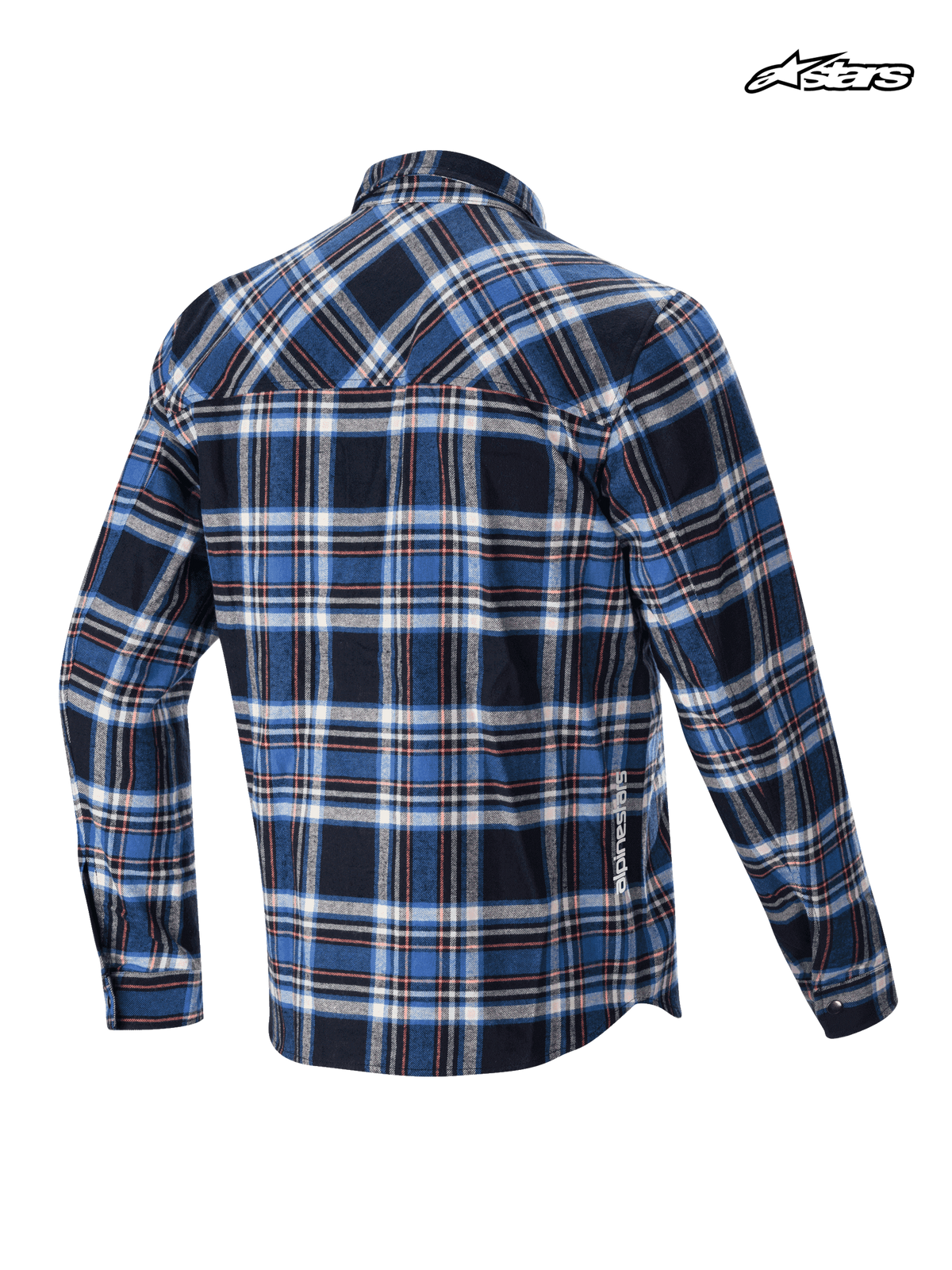 Alpinestars Whistler Wind Block Plaid Shirt, mountain biking casual shirt, blue and black plaid pattern, rear view showing wind-resistant construction and subtle Alpinestars branding on the lower hem
