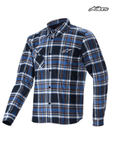 Alpinestars Whistler Wind Block Plaid Shirt, mountain bike cycling shirt, blue and black plaid pattern, long sleeve wind-resistant design with front button closure and chest pocket