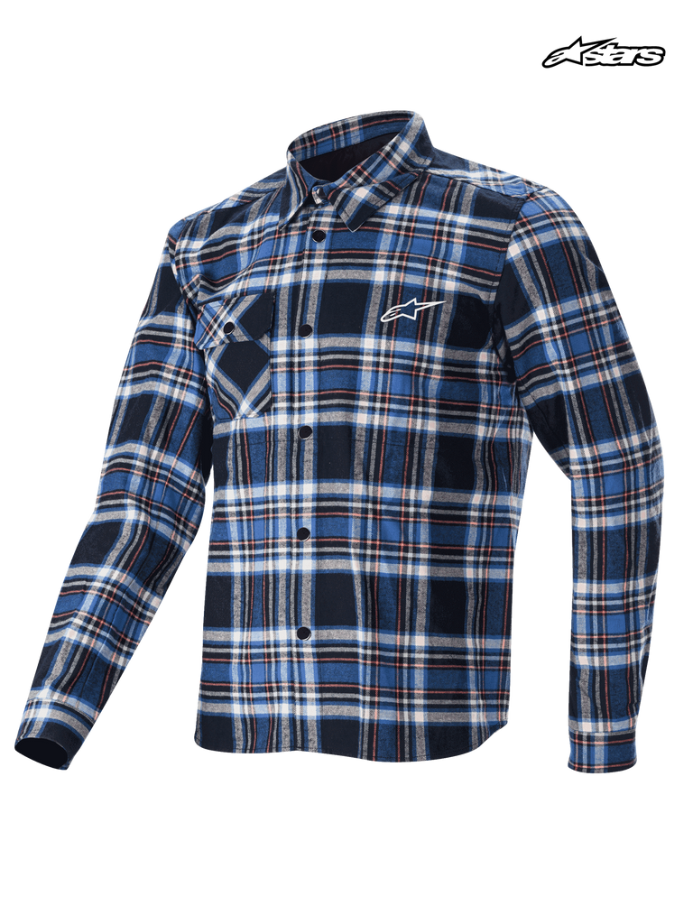 Alpinestars Whistler Wind Block Plaid Shirt, mountain bike cycling shirt, blue and black plaid pattern, long sleeve wind-resistant design with front button closure and chest pocket