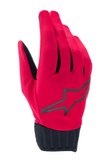 Alpinestars A-Dura Rain Gloves, Waterproof MTB Cycling Gloves, Red Fluo and Black, featuring a black star logo on the backhand, ribbed black neoprene cuff, sleek low-profile design for all-weather riding
