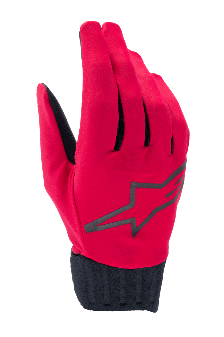 Alpinestars A-Dura Rain Gloves, Waterproof MTB Cycling Gloves, Red Fluo and Black, featuring a black star logo on the backhand, ribbed black neoprene cuff, sleek low-profile design for all-weather riding