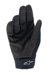 Alpinestars A-Dura Thermal Gloves, Black MTB Cycling Gloves, palm view showing durable synthetic suede and hook-and-loop wrist closure with white Alpinestars logo, thermal cycling gear for cold weather