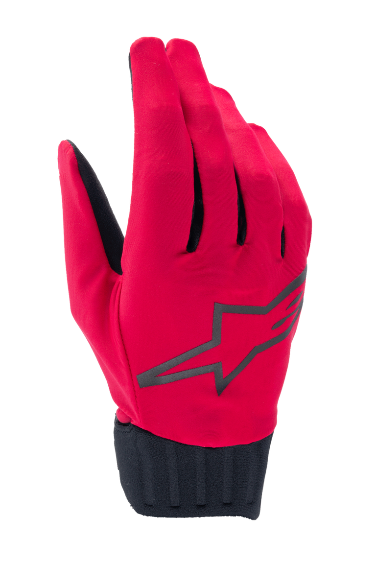 Alpinestars Stella A-Dura Rain Gloves, Women's MTB Rain Gloves, Red Fluo and Black, featuring a large black star logo, ribbed neoprene cuff, and waterproof design for mountain biking