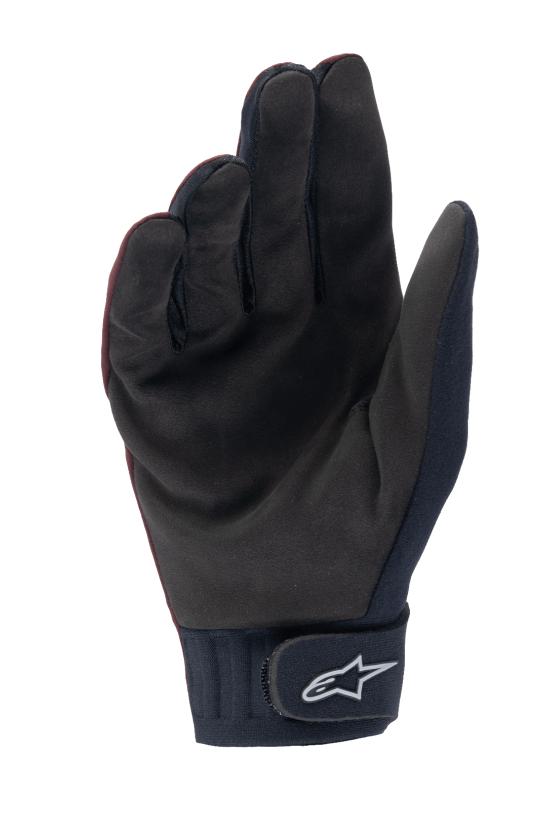 Alpinestars Stella A-Dura Thermal Gloves, Women's MTB Gloves, Dark Burgundy and Black, palm view showing synthetic suede material, neoprene cuff with hook-and-loop strap featuring white Alpinestars logo, designed for cold weather cycling