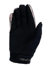 Alpinestars Youth A-Dura Gloves, Mountain Bike Gloves, Camo and Black, palm side view featuring durable synthetic suede for grip, a neoprene cuff with hook and loop wrist closure, and a wicking thumb sweat wipe panel.