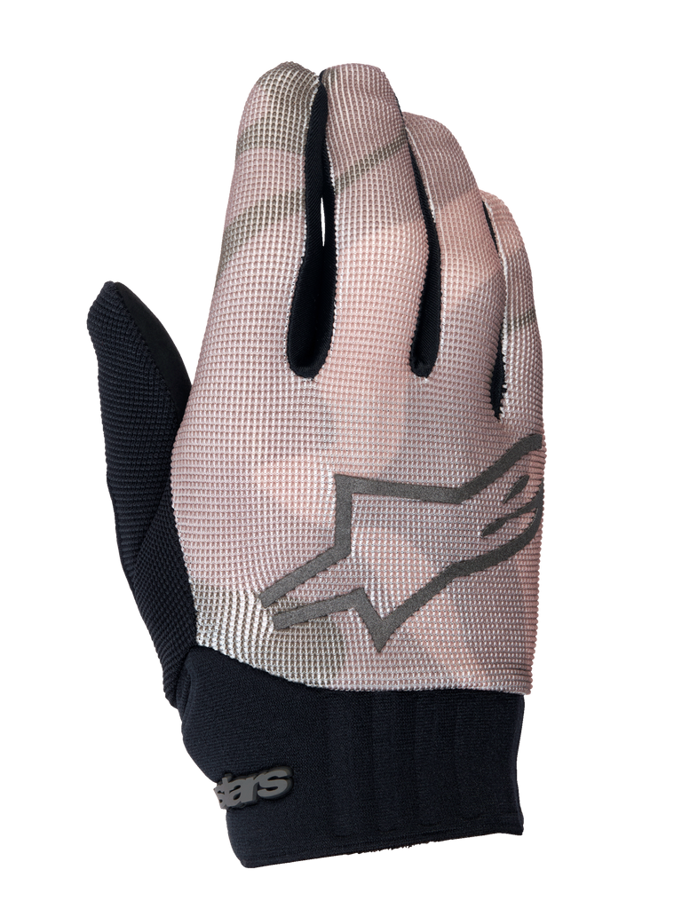 Alpinestars Youth A-Dura Gloves, Mountain Bike Gloves, Brown Camo and Black, featuring a grey star logo on the back, black neoprene cuff, and breathable textile upper for youth riders