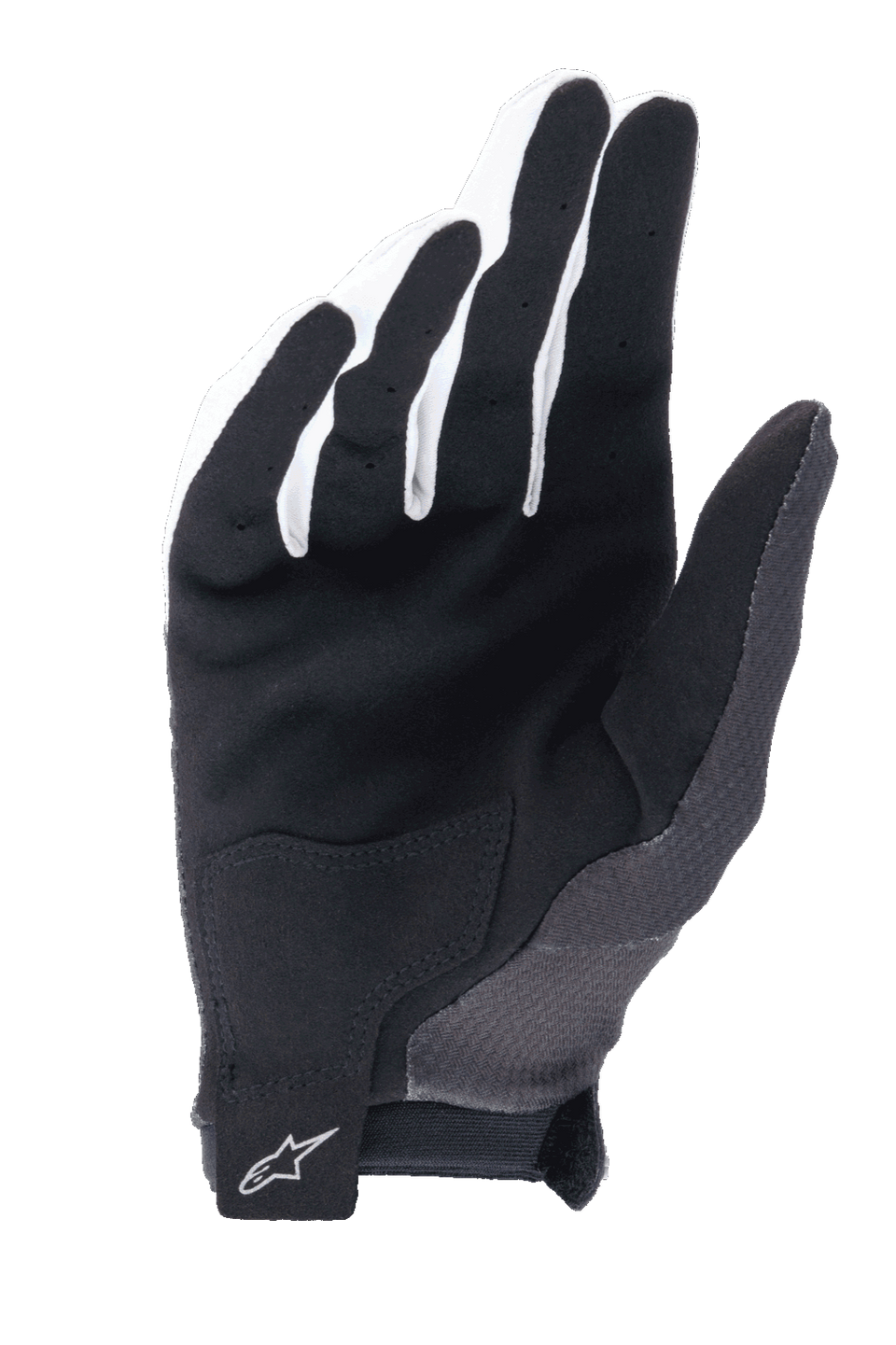 Alpinestars A-Aria Gloves, Black, palm view showing synthetic suede for grip, reinforced palm patch, and hook-and-loop wrist closure with Alpinestars logo, lightweight mountain bike gloves