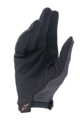 Alpinestars A-Aria Gloves, MTB Cycling Gloves, Black with Dark Gold logo, palm view showing synthetic suede material, perforated fingers for ventilation, and reinforced palm patch.