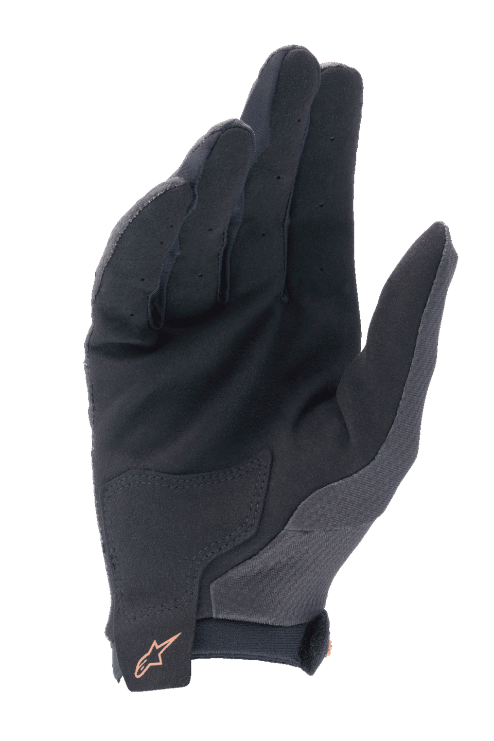 Alpinestars A-Aria Gloves, MTB Cycling Gloves, Black with Dark Gold logo, palm view showing synthetic suede material, perforated fingers for ventilation, and reinforced palm patch.
