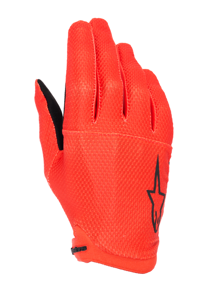 Alpinestars A-Aria Gloves, Mountain Bike Gloves, Spicy Orange, featuring a black star logo on the side, textured breathable stretch fabric, and a lightweight low-profile design.