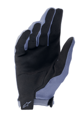 Alpinestars A-Aria Gloves, Cycling MTB Gloves, Infinity Blue and Black, palm view featuring synthetic suede for grip, reinforced palm patch, and hook-and-loop wrist strap with Alpinestars logo