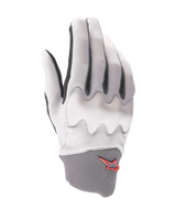 Alpinestars A-Supra Shield Gloves, Mountain Bike Gloves, Light Gray, featuring a wavy knuckle protection shield, dark gray neoprene cuff with red star logo, ergonomic design for gravity cycling
