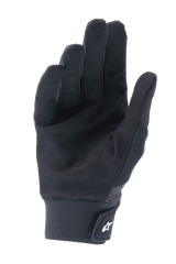 Alpinestars A-Supra Gloves, Black, palm view featuring perforated synthetic suede for ventilation, neoprene cuff with hook and loop closure and white logo, performance mountain biking gear