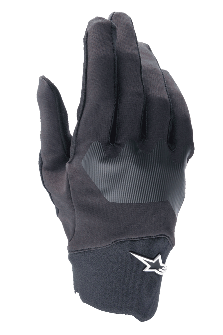 Alpinestars A-Supra Gloves, MTB Cycling Gloves, Black with gray textured patch, white star logo on the wrist, flexible spandex material for mountain bike and off-road riding