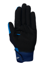 Alpinestars A-Supra Gloves, Blue MTB Gloves, palm view showing black perforated suede material, large blue neoprene cuff with hook and loop strap and white Astars logo
