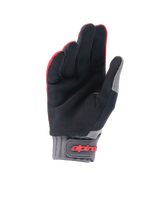 Alpinestars A-Dura Gloves, Mountain Bike Gloves, Red Fluo and Black, palm view featuring synthetic suede for grip, grey neoprene cuff with hook-and-loop closure and red branding, off-road cycling gear