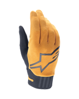 Alpinestars A-Dura Gloves, MTB Mountain Biking Gloves, Dark Gold and Black, textured gold fabric upper with a large grey Alpinestars logo, black neoprene cuff, designed for grip and mobility in off-road cycling