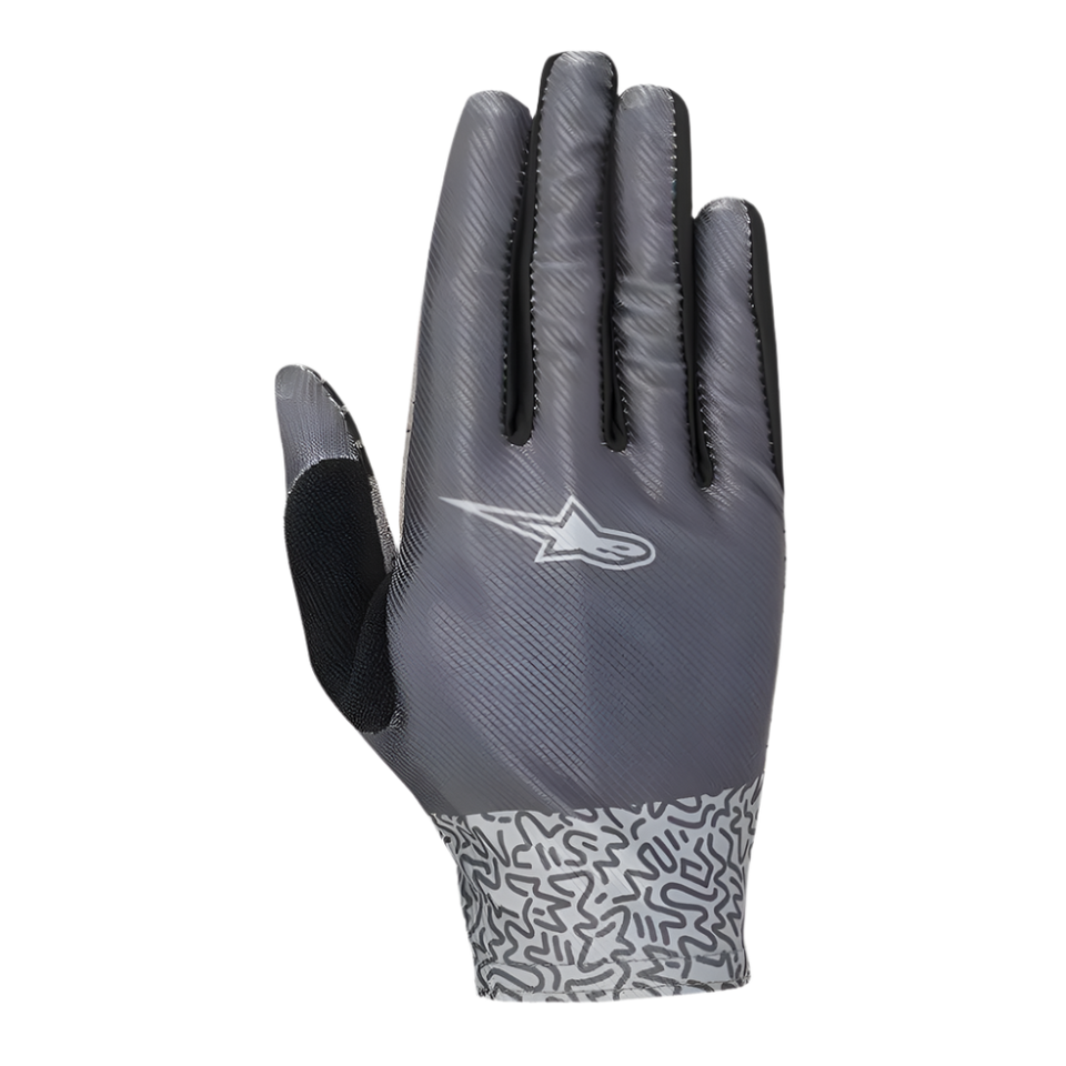 Alpinestars Women Stella Alderex Pro Gloves, Anthracite gray cycling gloves, back view featuring a white Alpinestars logo, diagonal textured mesh upper, and a patterned wrist cuff