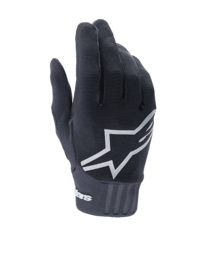 Alpinestars Women's Stella A-Dura Gloves, Black MTB Gloves, prominent white star logo on the back, ribbed textile texture, snug fit with neoprene cuff for mountain biking