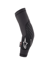 Alpinestars Youth Paragon Lite Elbow Protectors, Black, lightweight MTB mountain biking protection, breathable mesh sleeve with white star logo and Paragon LITE branding, ergonomic curved design with durable front panel