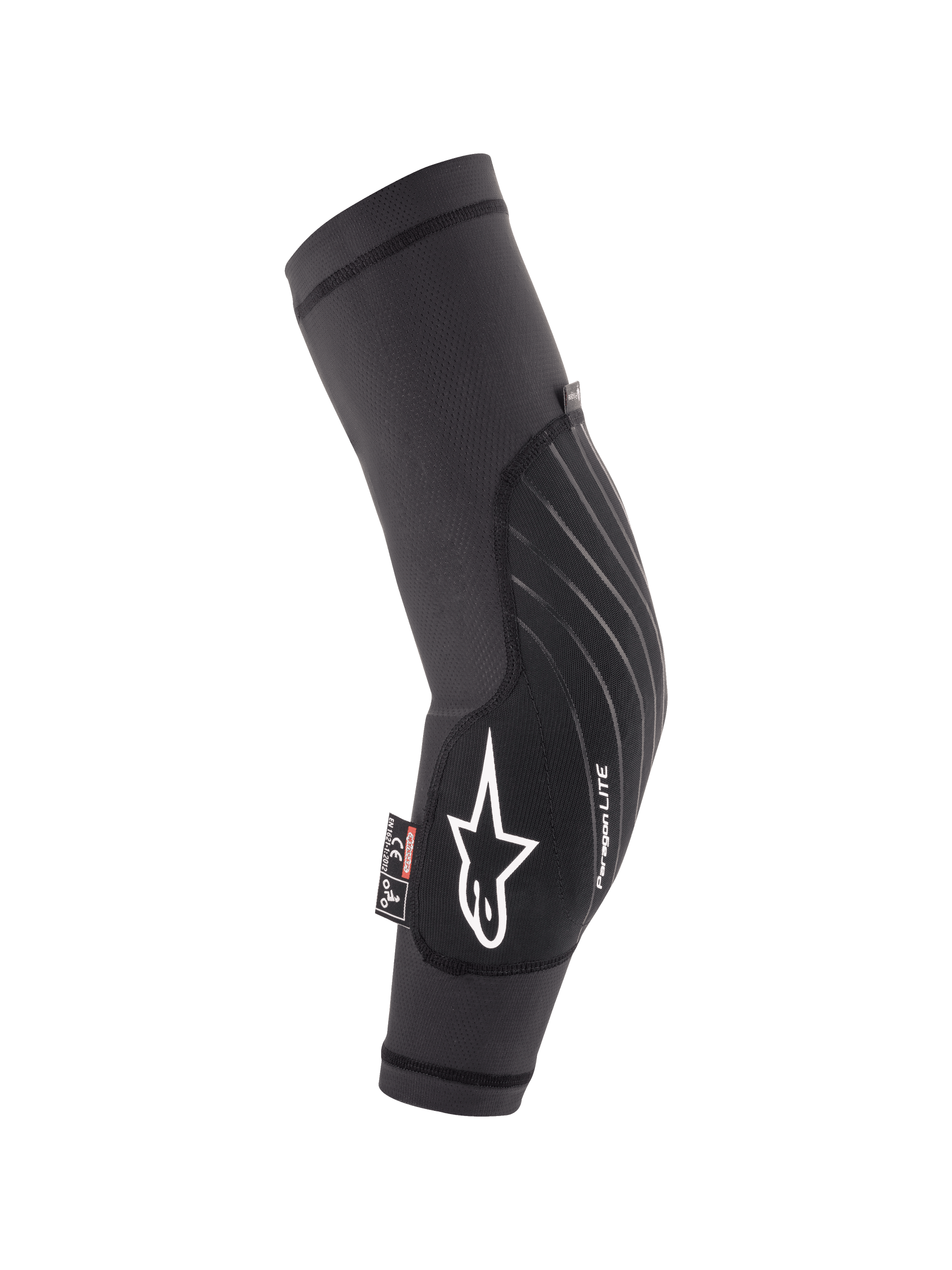 Alpinestars Youth Paragon Lite Elbow Protectors, Black, lightweight MTB mountain biking protection, breathable mesh sleeve with white star logo and Paragon LITE branding, ergonomic curved design with durable front panel