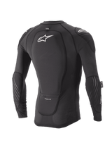 Alpinestars Youth Paragon Lite Protection Jacket, Long Sleeve, Black, rear view showing integrated back protector and white logo, breathable mesh sleeves with elbow padding, lightweight MTB body armor