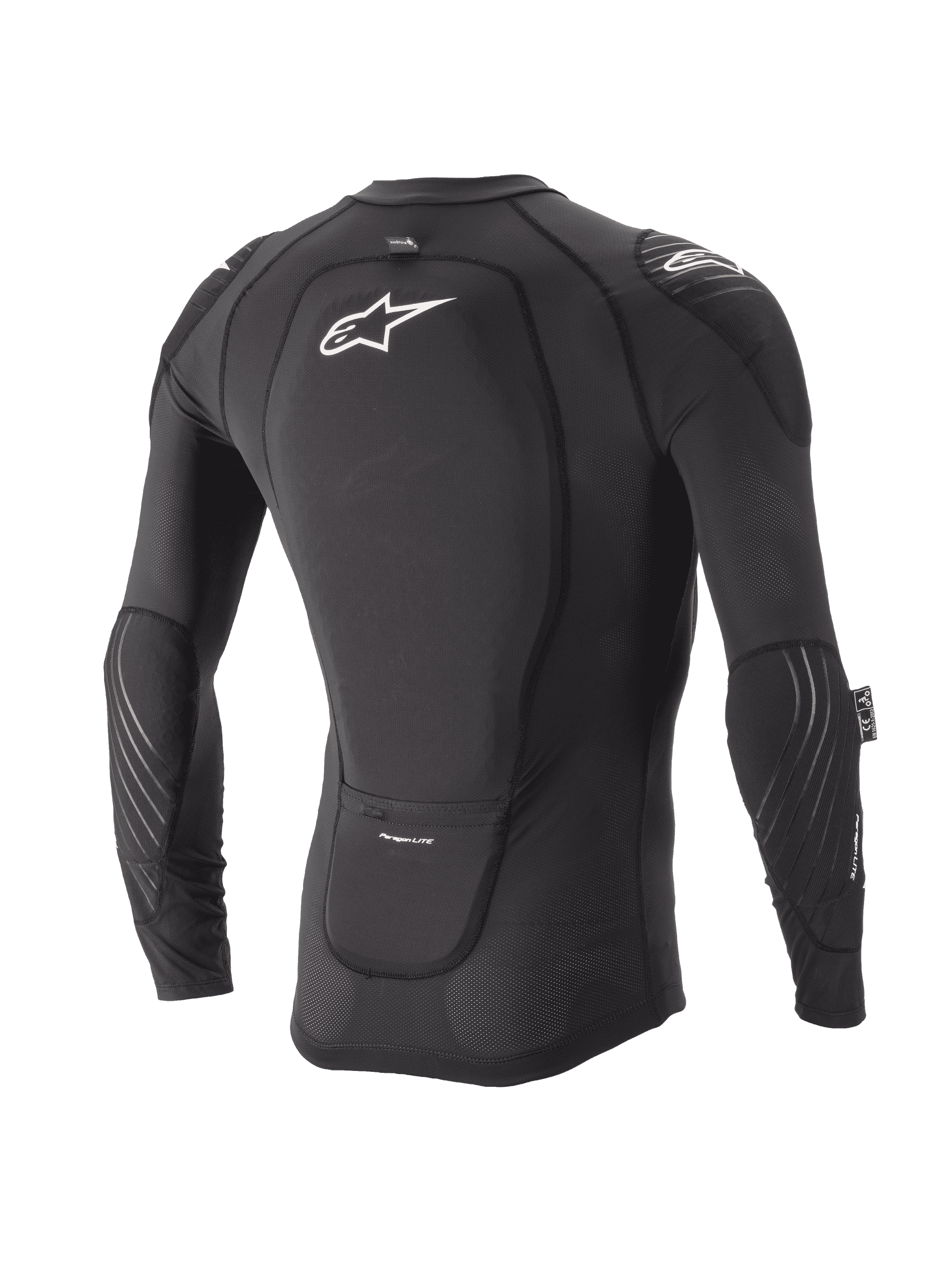 Alpinestars Youth Paragon Lite Protection Jacket, Long Sleeve, Black, rear view showing integrated back protector and white logo, breathable mesh sleeves with elbow padding, lightweight MTB body armor