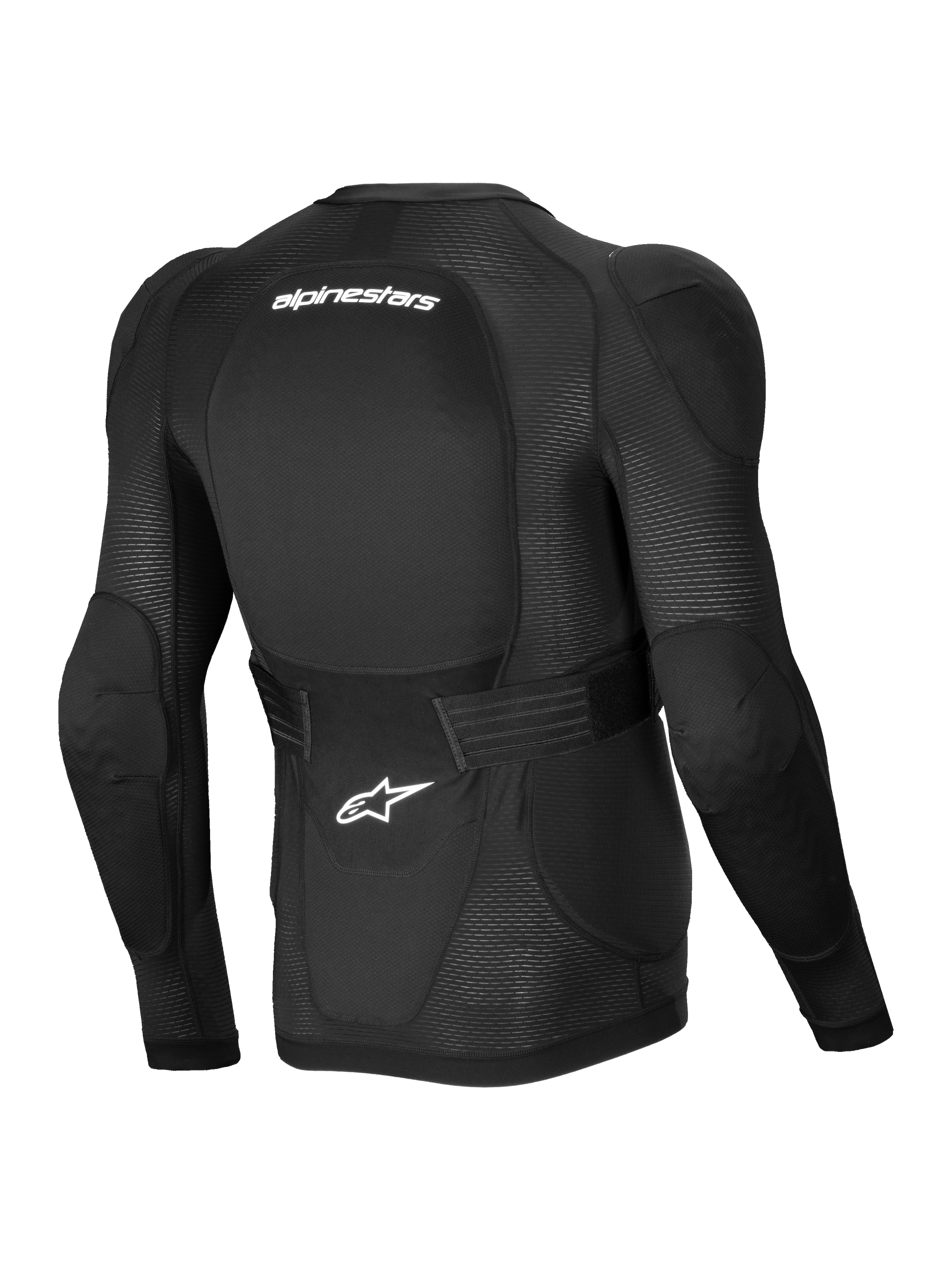 Alpinestars A-Impact Plasma Protection Jacket, Men's MTB Long Sleeve Protection Jacket, Black and White, CE Level 2 Nucleon Plasma back and shoulder protection, back view showing breathable stretch mesh and adjustable waist belt