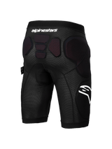 Alpinestars A-Impact Plasma Protection Shorts, Mountain Bike Protection Shorts, Black and White, rear view showing integrated protective padding on the hips and lower spine, breathable mesh fabric with white Alpinestars branding, designed for enduro and gravity cycling.