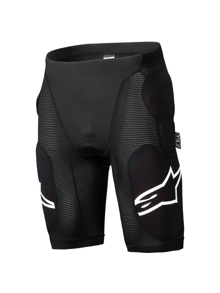 Alpinestars A-Impact Plasma Protection Shorts, Mountain Bike Protection Shorts, Black, integrated hip and thigh impact padding, textured ribbed panels, white logo accents, form-fitting breathable stretch material