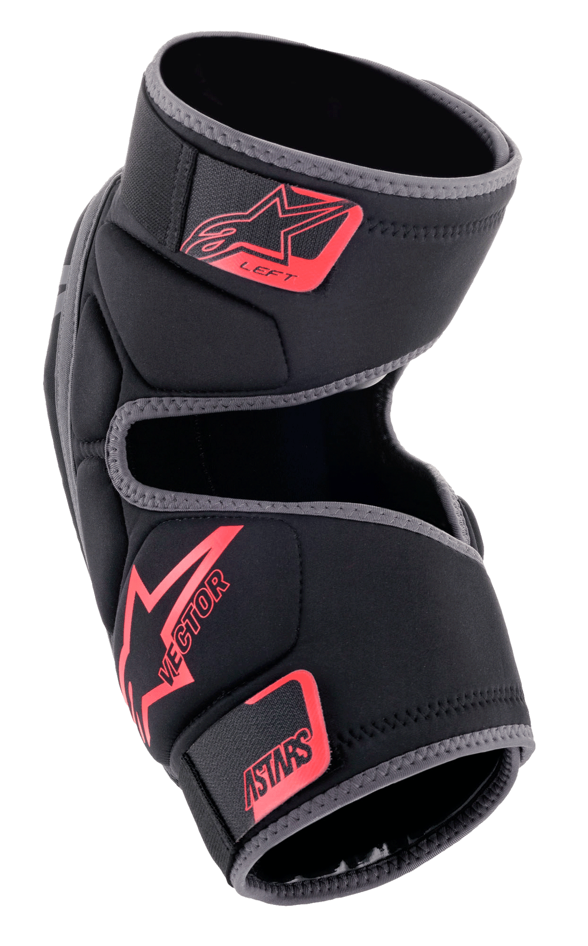 Alpinestars Vector Knee Protectors, MTB Knee Guards, Black Anthracite and Red, featuring red Alpinestars and Vector branding, hook and loop straps, anatomical compression fit for mountain biking and off-road riding