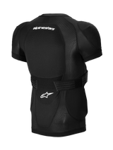 Alpinestars A-Impact Plasma Protection Jacket - Short Sleeve, Black, Rear view featuring integrated back protector, white Alpinestars branding, adjustable waist strap, and breathable mesh construction for MTB protection