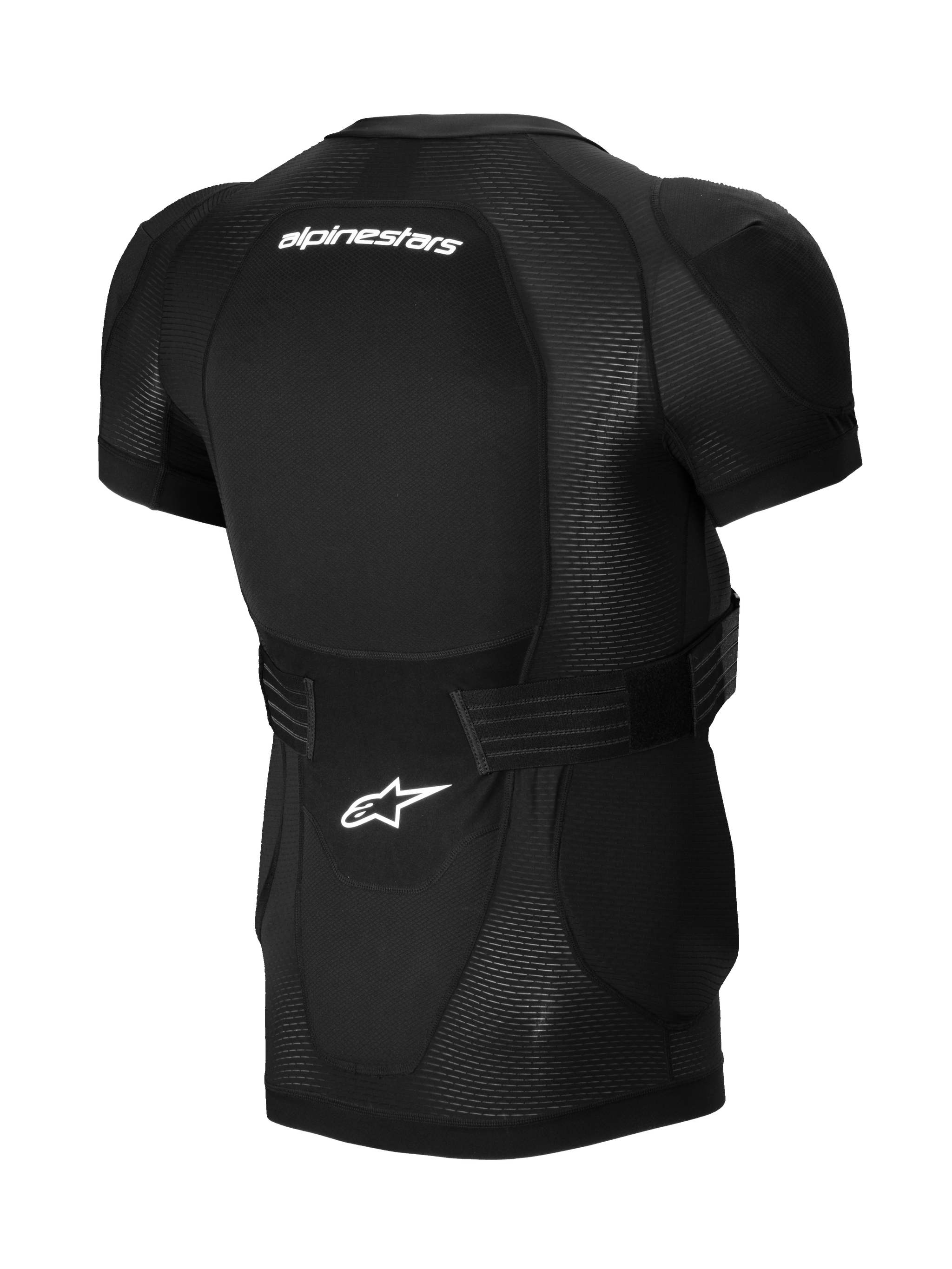 Alpinestars A-Impact Plasma Protection Jacket - Short Sleeve, Black, Rear view featuring integrated back protector, white Alpinestars branding, adjustable waist strap, and breathable mesh construction for MTB protection