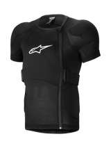 Alpinestars A-Impact Plasma Protection Jacket Short Sleeve, MTB Protection Jacket, Black, featuring padded shoulders and chest armor, offset side zipper, breathable ribbed mesh fabric, and white logo on the chest