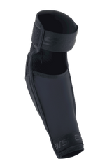 Alpinestars A-Impact Plasma Elite Elbow Protector, Black, featuring dual strap closure, pre-curved ergonomic design, mesh and ripstop textile construction, high-performance protection for mountain bike riding