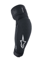 Alpinestars A-Impact Plasma Elite Elbow Protectors, Black and White, MTB protective gear with white star logo, breathable textured fabric, adjustable straps with Velcro closure, pre-curved ergonomic design