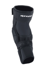 Alpinestars A-Impact Plasma Elite Knee Protector, Cycling Knee Protector, Black and White, featuring a dual strap closure system with white Alpinestars logo, mesh panels, and an ergonomic pre-curved design for MTB impact protection