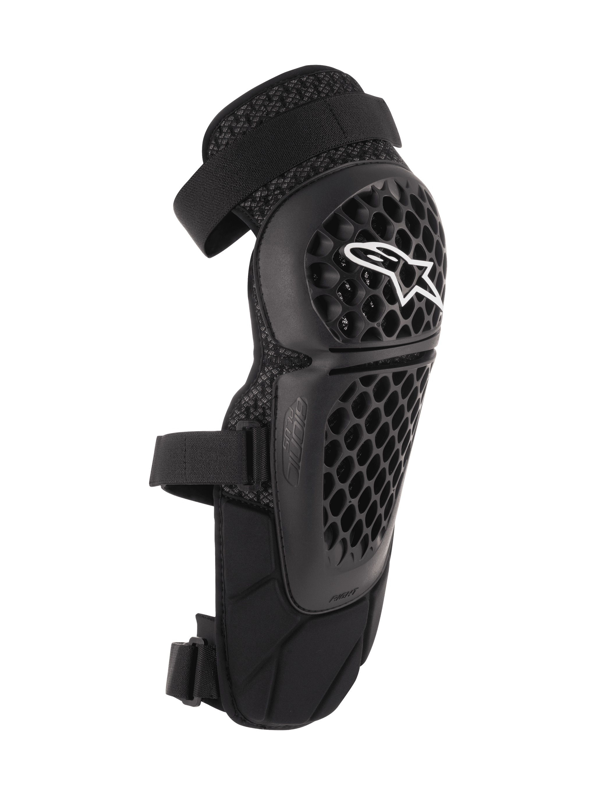 Alpinestars Bionic Plus Knee/Shin Protectors, Black, Off-road and MTB Protection, featuring a perforated honeycomb shell with a white Alpinestars logo, dual adjustable straps, and 3D mesh ventilation, ergonomic curved design