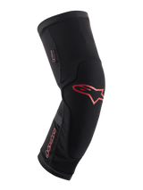 Alpinestars Paragon Plus Knee Protector, Black with Red Alpinestars logo and wordmark, ergonomic slip-on sleeve design, breathable mesh fabric with reinforced panels, mountain biking protective gear